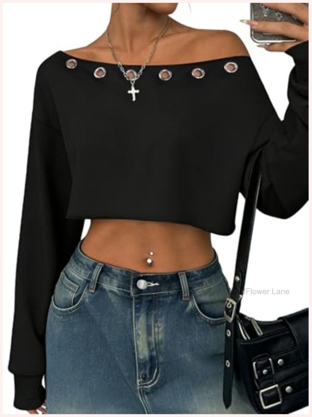 Off Shoulder Cropped Sweatshirt Asymmetrical Neck Long Sleeve Crop Top - Picture 4 of 7